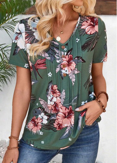 Modlily Green Tuck Stitch Random Floral Print T Shirt - S