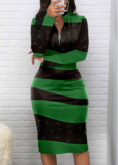 Modlily Green Zipper Geometric Print Long Sleeve Bodycon Dress - M