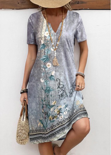 Modlily Grey Button Floral Print A Line Short Sleeve Dress - S