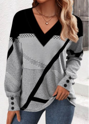 Modlily Grey Button Geometric Print Long Sleeve T Shirt - M