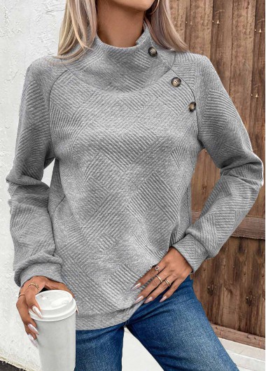 Modlily Grey Button Long Sleeve Turtleneck Sweatshirt - S