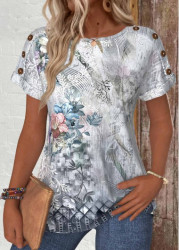 Modlily Grey Button Random Floral Print Short Sleeve T Shirt - S