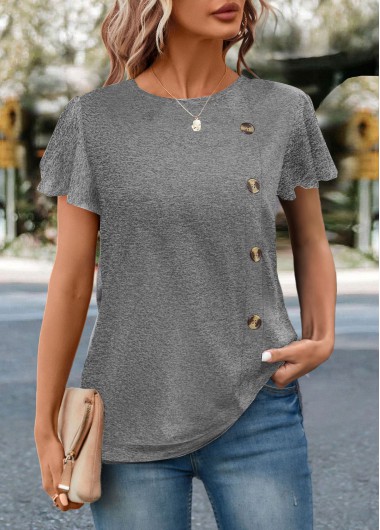 Modlily Grey Button Short Sleeve Round Neck T Shirt - XXL