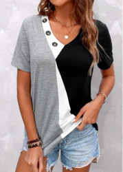 Modlily Grey Button Short Sleeve V Neck T Shirt - S