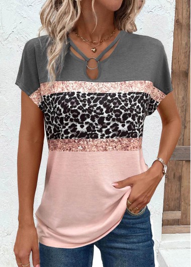 Modlily Grey Cut Out Leopard Short Sleeve T Shirt - S