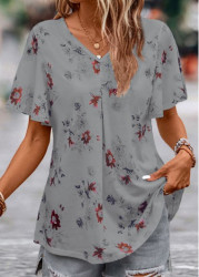 Modlily Grey Floral Print Short Sleeve V Neck Blouse - 2XL