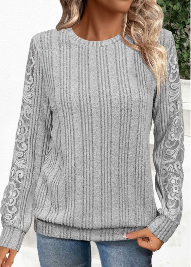 Modlily Grey Lace Long Sleeve Round Neck Sweatshirt - S