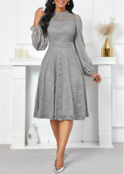 Modlily Grey Lace Long Sleeve Stand Collar Dress - L