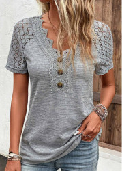 Modlily Grey Lace Short Sleeve V Neck T Shirt - S