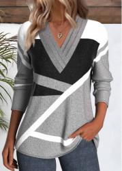 Modlily Grey Patchwork Geometric Print Long Sleeve T Shirt - S