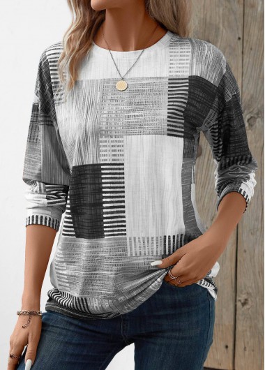 Modlily Grey Patchwork Geometric Print Long Sleeve T Shirt - XS