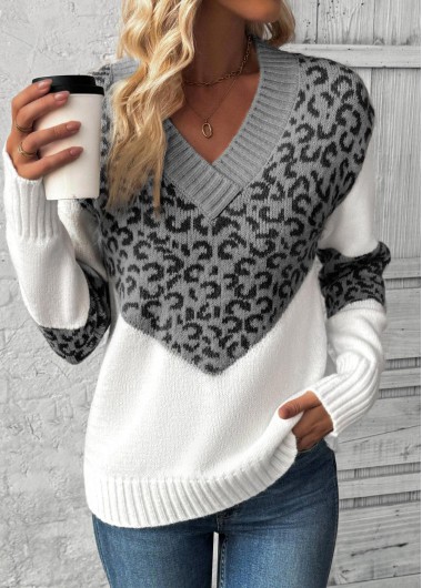 Modlily Grey Patchwork Leopard Long Sleeve V Neck Sweater - M