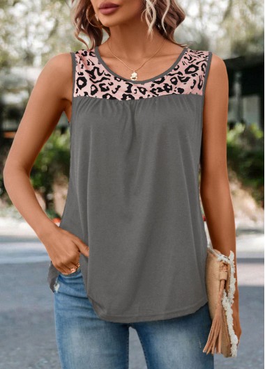 Modlily Grey Patchwork Leopard Round Neck Tank Top - M