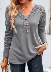 Modlily Grey Patchwork Long Sleeve V Neck T Shirt - M