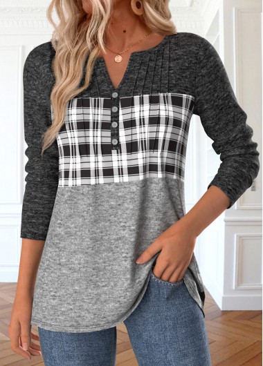 Modlily Grey Patchwork Plaid Long Sleeve Split Neck T Shirt - S