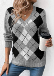 Modlily Grey Patchwork Plaid Long Sleeve V Neck Sweater - S