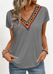 Modlily Grey Patchwork Tribal Print Short Sleeve T Shirt - S