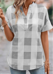 Modlily Grey Split Plaid Short Sleeve Blouse - S