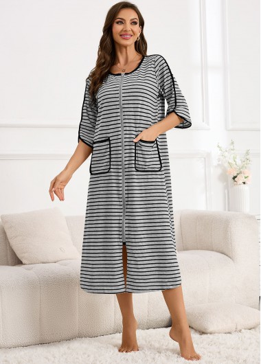 Modlily Grey Striped 3/4 Sleeve Round Neck Nightdress - 2XL