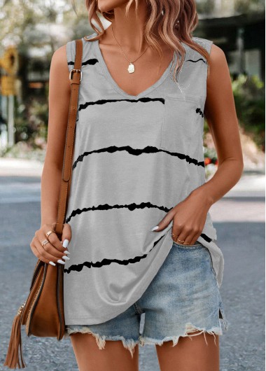 Modlily Grey Striped V Neck Tank Top - S