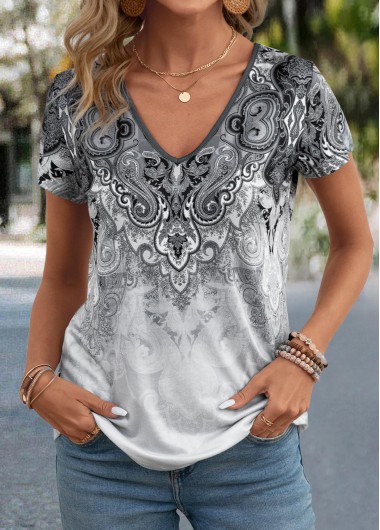 Modlily Grey Tribal Print Short Sleeve V Neck T Shirt - S