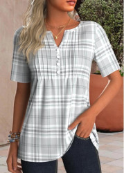 Modlily Grey Tuck Stitch Plaid Short Sleeve T Shirt - S