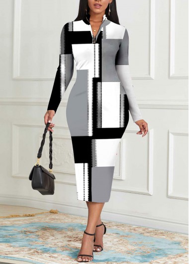 Modlily Grey Zipper Geometric Print Long Sleeve Bodycon Dress - L