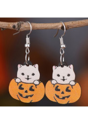 Modlily Halloween Cat Orange Pumpkin Wood Earrings - One Size