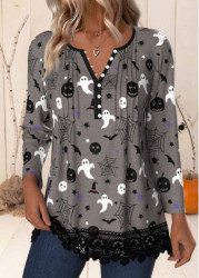 Modlily Halloween Dark Grey Patchwork Long Sleeve Split Neck Shirt - M