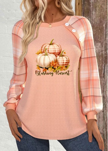 Modlily Halloween Dusty Pink Button Long Sleeve Round Neck Sweatshirt - M