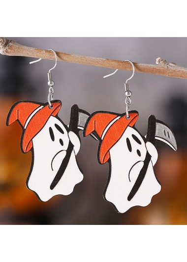 Modlily Halloween Ghost Scythe Witch Hat Orange Wood Earrings - One Size