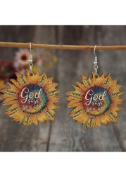 Modlily Halloween Gold Carved Flowers Sunflower Wood Earrings - One Size