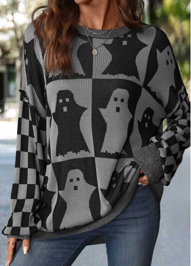 Modlily Halloween Grey Patchwork Long Sleeve Round Neck Sweater - S