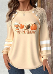 Modlily Halloween Light Camel Patchwork Long Sleeve Round Neck Sweatshirt - M