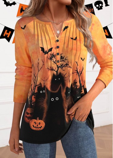 Modlily Halloween Neon Orange Button T Shirt - S