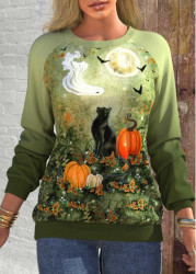 Modlily Halloween Olive Green Patchwork Long Sleeve Round Neck Sweatshirt - L