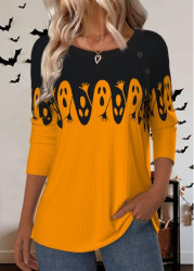 Modlily Halloween Orange Button Long Sleeve Round Neck T Shirt - M