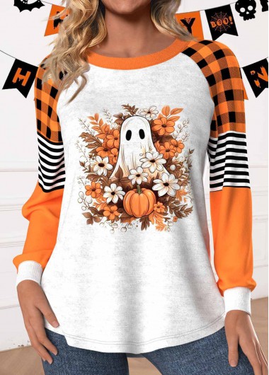 Modlily Halloween Orange Patchwork Long Sleeve Round Neck Sweatshirt - M