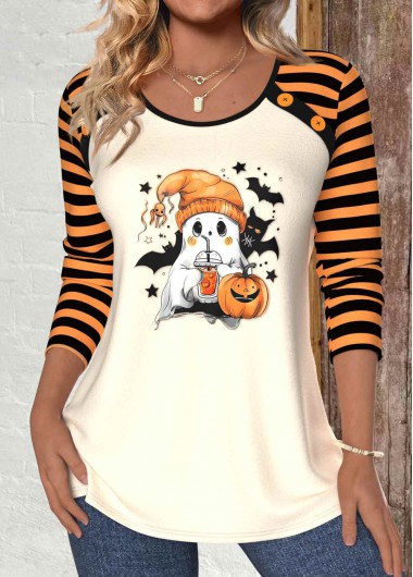 Modlily Halloween Orange Patchwork Long Sleeve Round Neck T Shirt - L