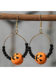 Modlily Halloween Orange Pumpkin Beaded Wood Earrings - One Size