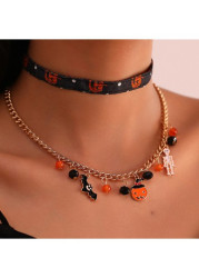 Modlily Halloween Orange Pumpkin Skeleton Alloy Necklace Set - One Size