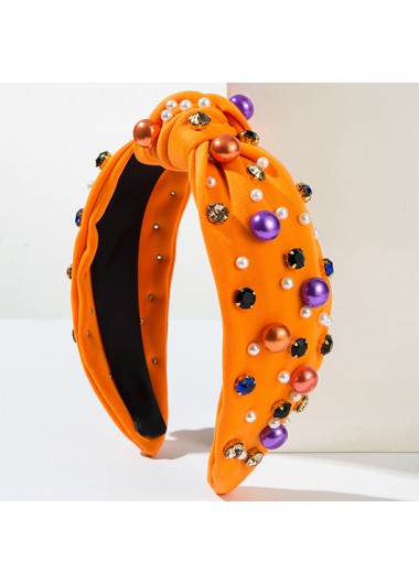 Modlily Halloween Orange Rhinestone Pearl Bowknot Headband - One Size