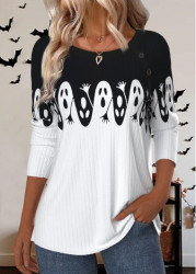 Modlily Halloween White Button Long Sleeve Round Neck T Shirt - M