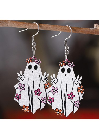 Modlily Halloween White Ghost Flower Wood Earrings - One Size