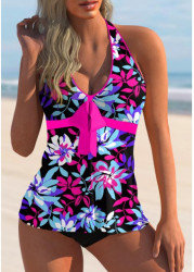 Modlily Halter Bowknot Floral Print Tankini Set - S