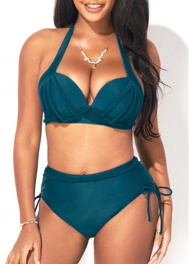 Modlily Halter Mid Waist Peacock Blue Bikini Set - XL