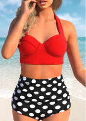 Modlily Halter Neck Polka Dot Print High Waist Bikini Set - XXL