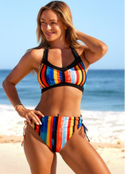 Modlily Halter Rainbow Stripe Mid Waist Bikini Set - M