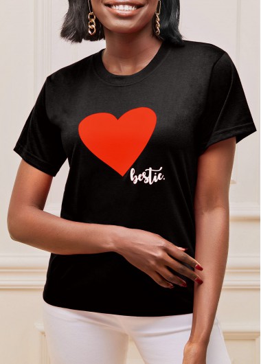 Modlily Heart Print Black Valentines Short Sleeve T Shirt - L