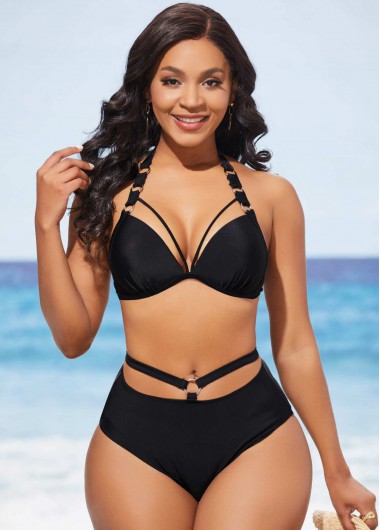 Modlily High Waisted Black Halter Metal Ring Detail Bikini Set - XL